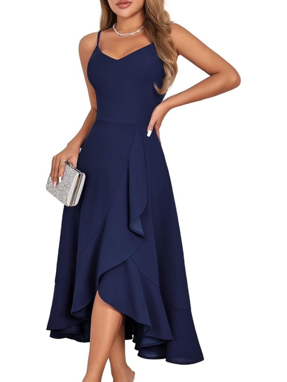 Women's Navy Spaghetti Strap Cocktail Ruffle For Formal Wedding Guest Dresses